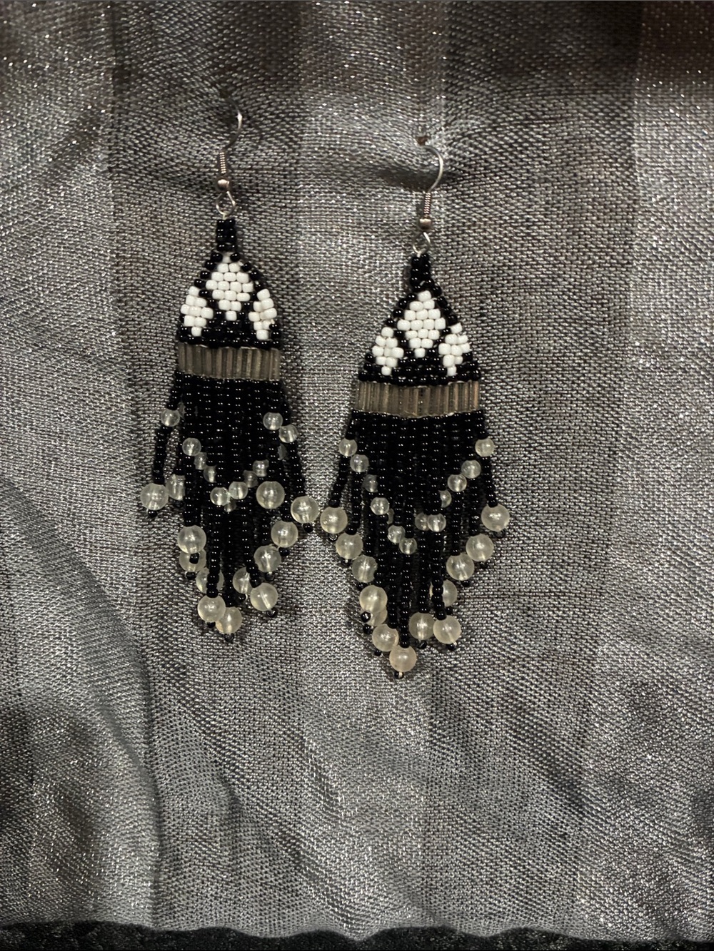 Handcrafted Black & White Beaded Fringe Statement Earrings Boho